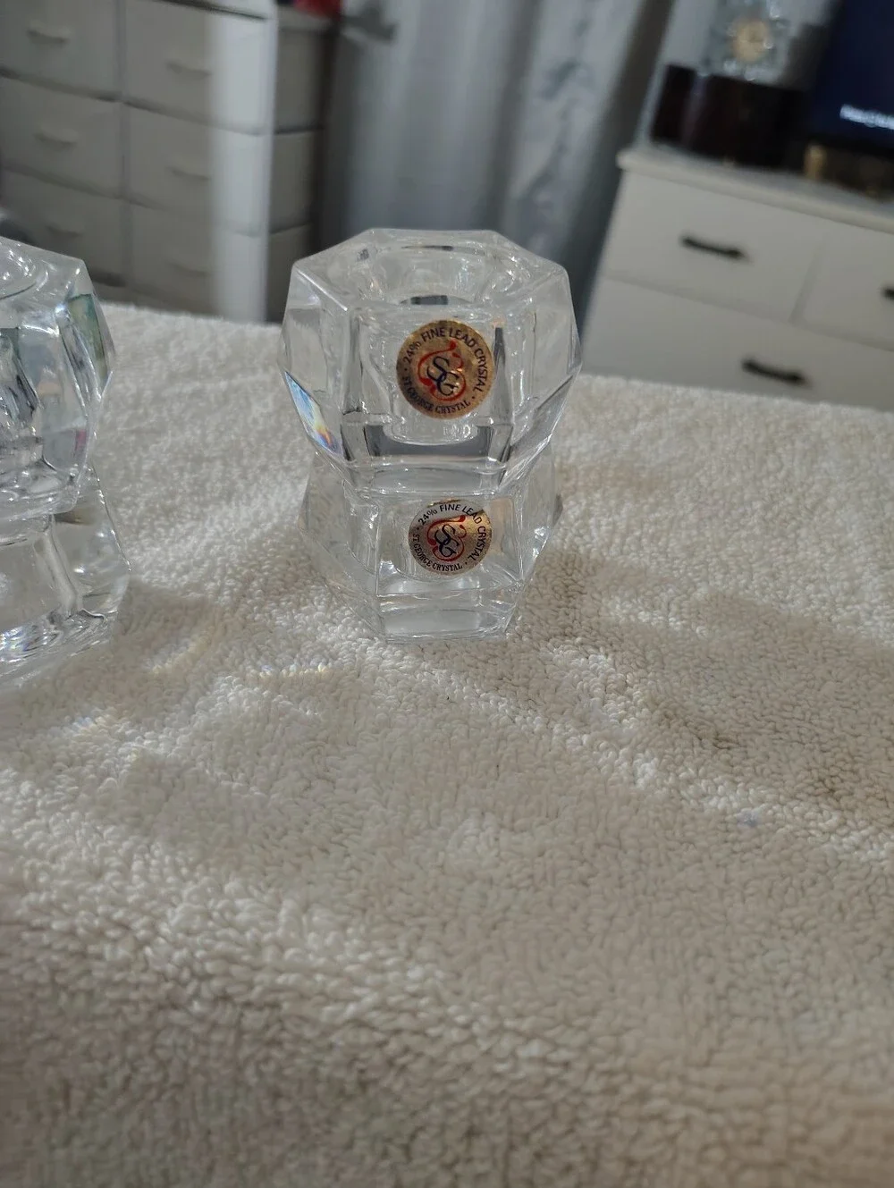St George 24 Fine Lead Crystal Hexagon Designed Stakable Taper Candle Holders 4